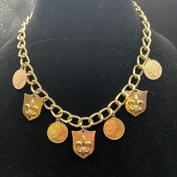 Gold tone charm coins necklace Fleur De Leis shield Queen Elizabeth statement - Picture 2 of 7